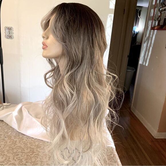 29” Brown Cream White Ombre Wig Wavy Bangs OSFA Adjustable Gorgeous - Picture 3 of 10